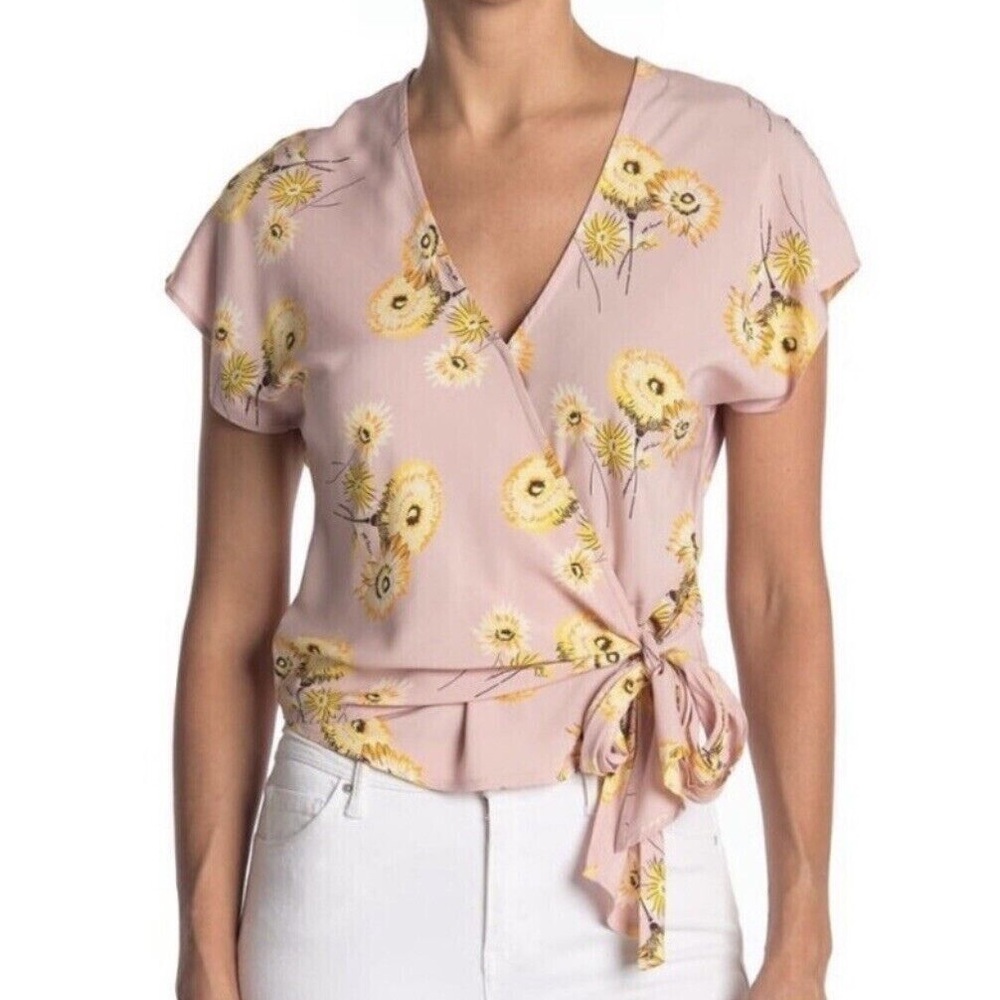 Madewell Women’s Twiggy Wisteria Dove Wrap Top Floral Short Sleeve V-Neck Pink M